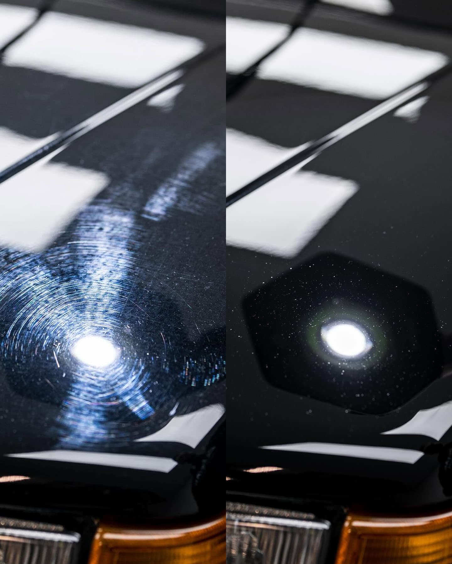 Antes y después: la misma pintura negra, con remolinos y ya corregida, bajo luz de inspección